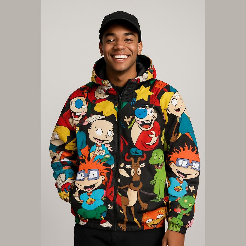 Nickelodeon Members Only cartoon print full zip jacket sz M hooded pockets hip